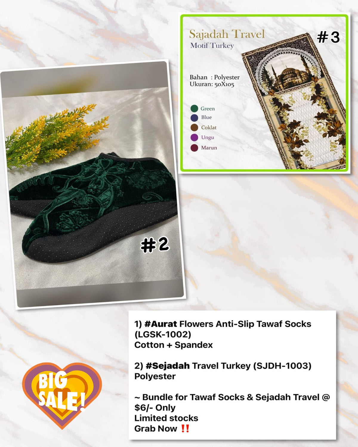 Bundle Anti Slip Tawaf Socks & Sejadah Travel (BNDL- 1003)