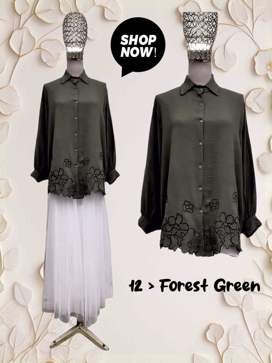 Top Blouse with Lower Embroidery (#P612.KNG) in Forest Green Model 12