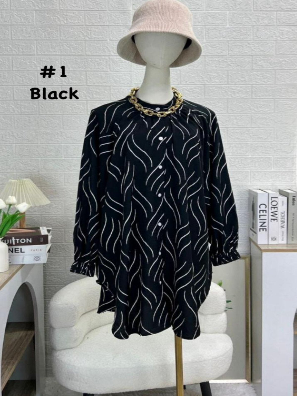 Top Blouse Casual Flowy Tunic with Abstract Wave Patterns Black model 1 (#J50KNG) - Muslimah Woman's Fashion Wardrobe