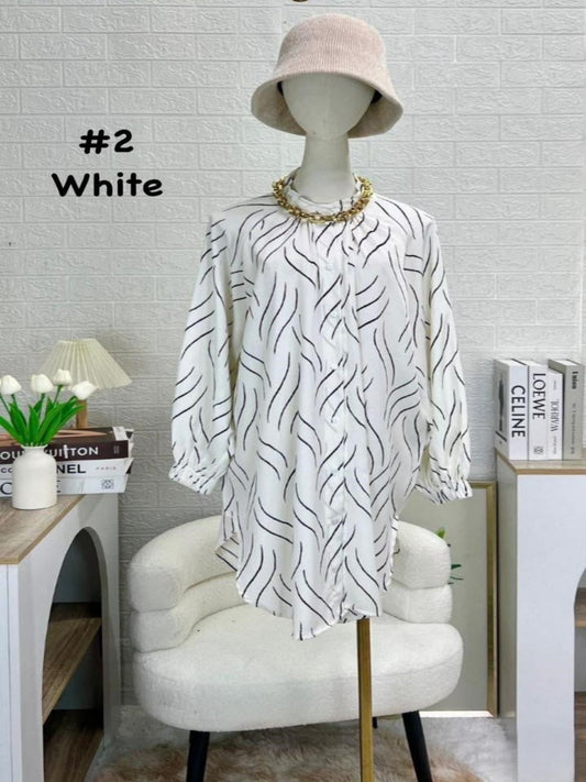 Top Blouse Casual Flowy Tunic with Abstract Wave Patterns White model 2 (#J50KNG) - Muslimah Woman's Fashion Wardrobe