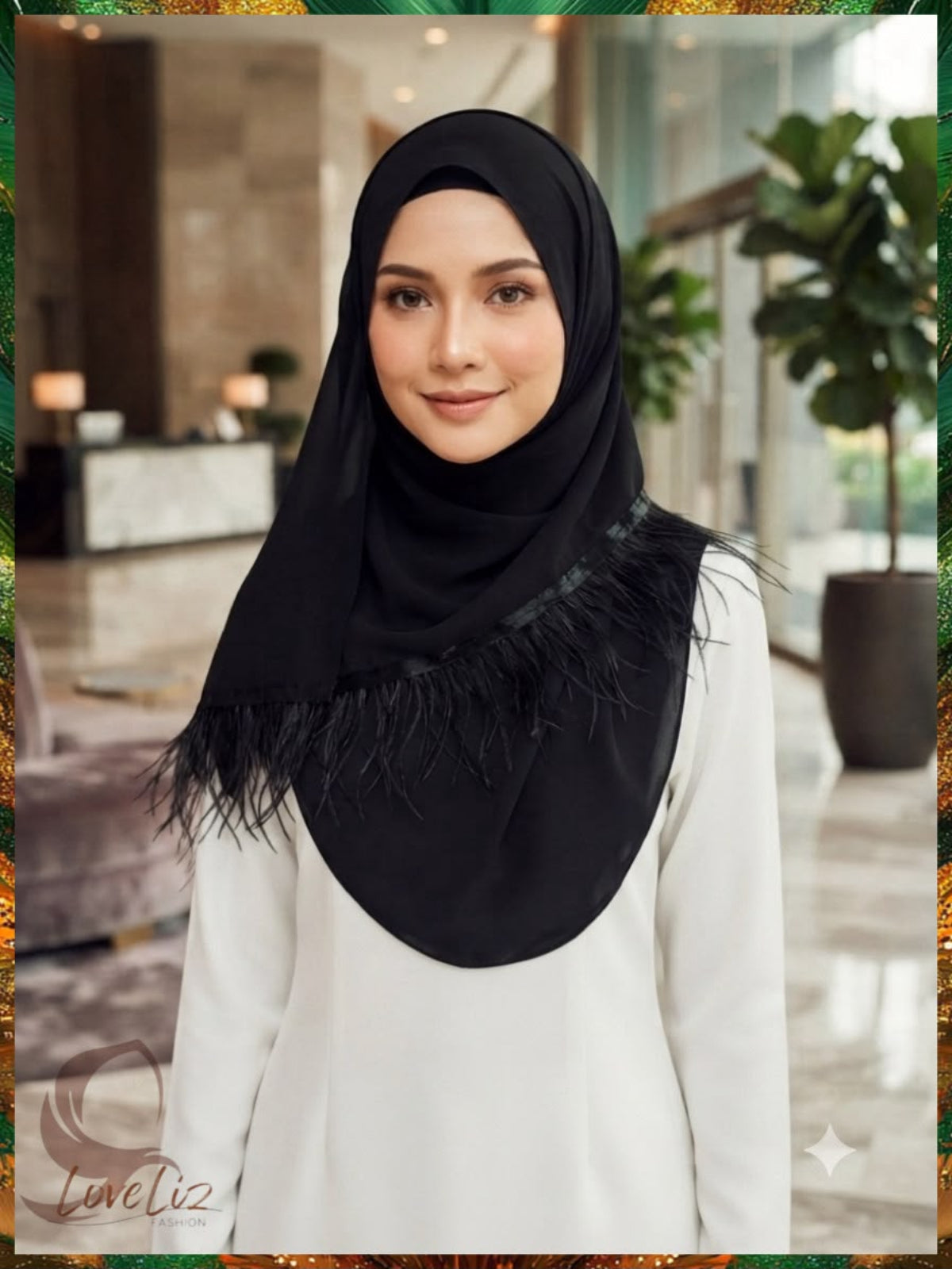 Eleganza Feather Chiffon Shawl (ESHWL_0726/010) (#Black Only)