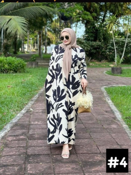 Stylish Long Dress White Black Leaves #4 for Every Occasion in a Muslimah's Life (#FFKNG) - The Ultimate Wardrobe Staple