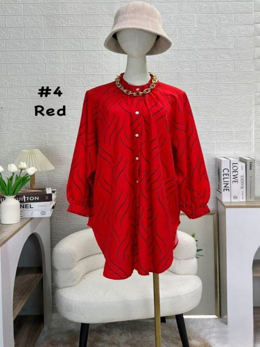 Top Blouse Casual Flowy Tunic with Abstract Wave Patterns Red model 4 (#J50KNG) - Muslimah Woman's Fashion Wardrobe