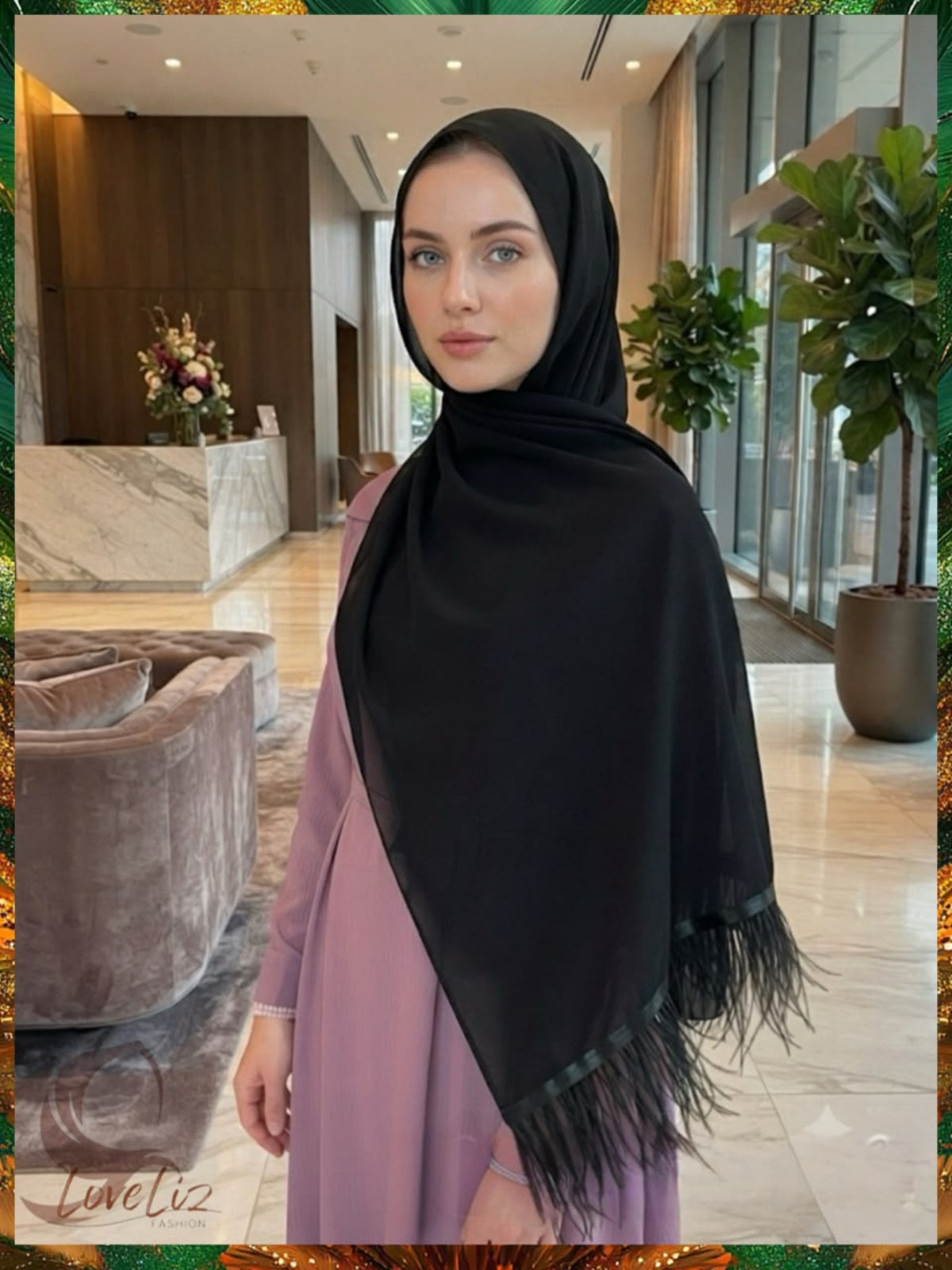 Eleganza Feather Chiffon Shawl (ESHWL_0726/010) (#Black Only)