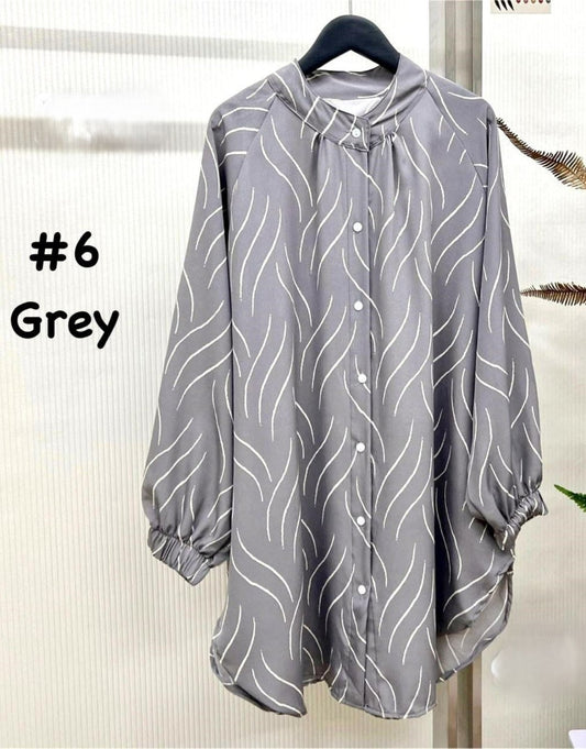 Top Blouse Casual Flowy Tunic with Abstract Wave Patterns Grey model 6 (#J50KNG) - Muslimah Woman's Fashion Wardrobe