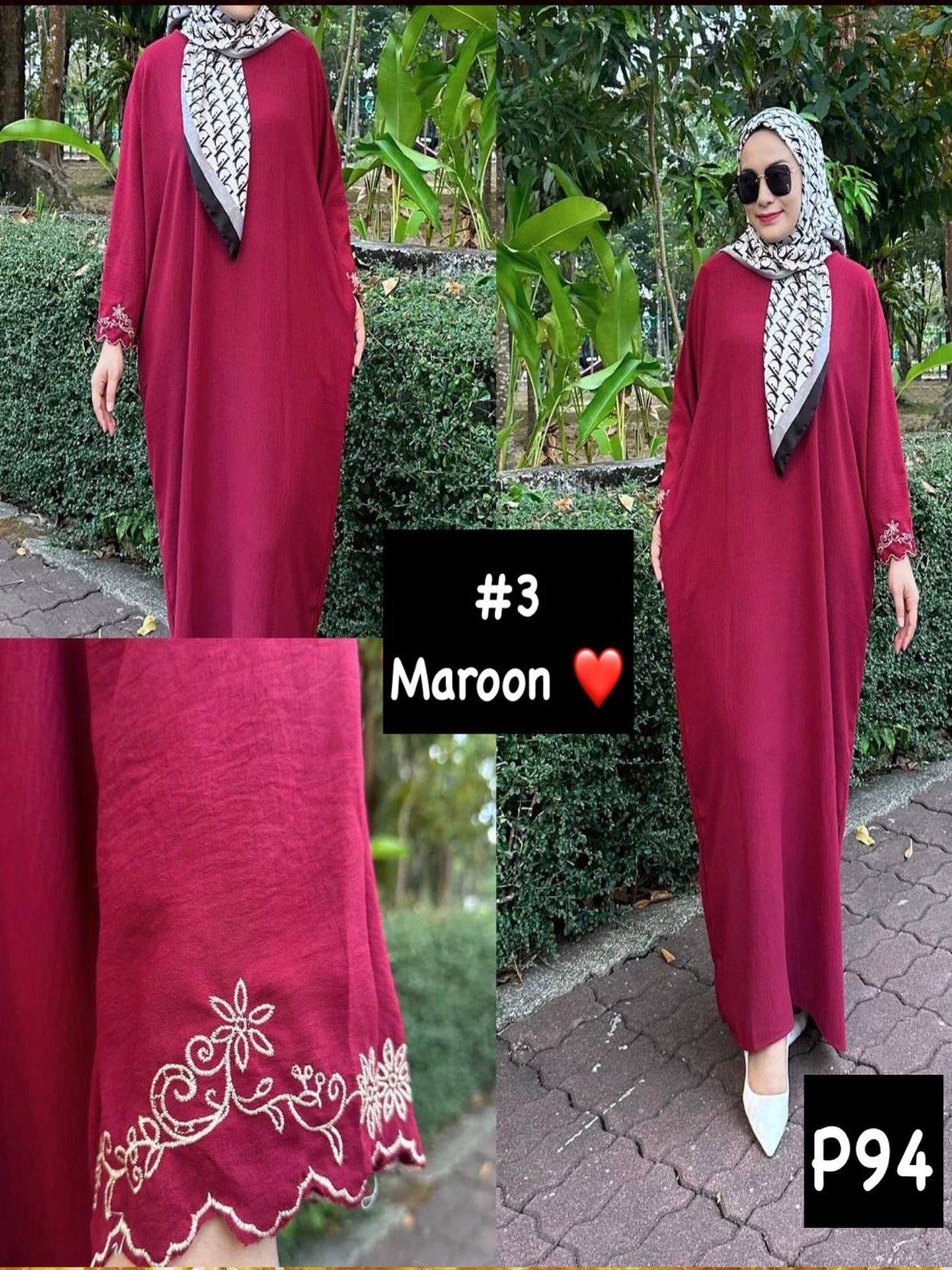 Long Dress Maroon Hand Embroidery model 3 (#P94KNG) - Essentials in Woman's Wardrobe