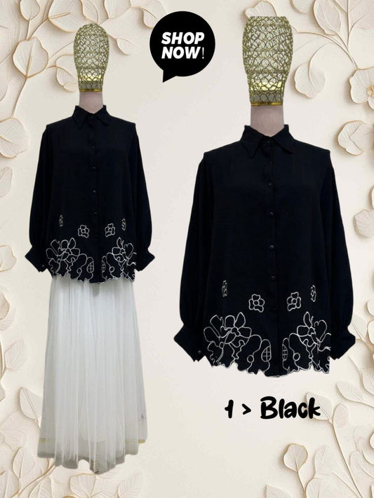 Top Blouse with Lower Embroidery (#P612.KNG) in Black Model 1