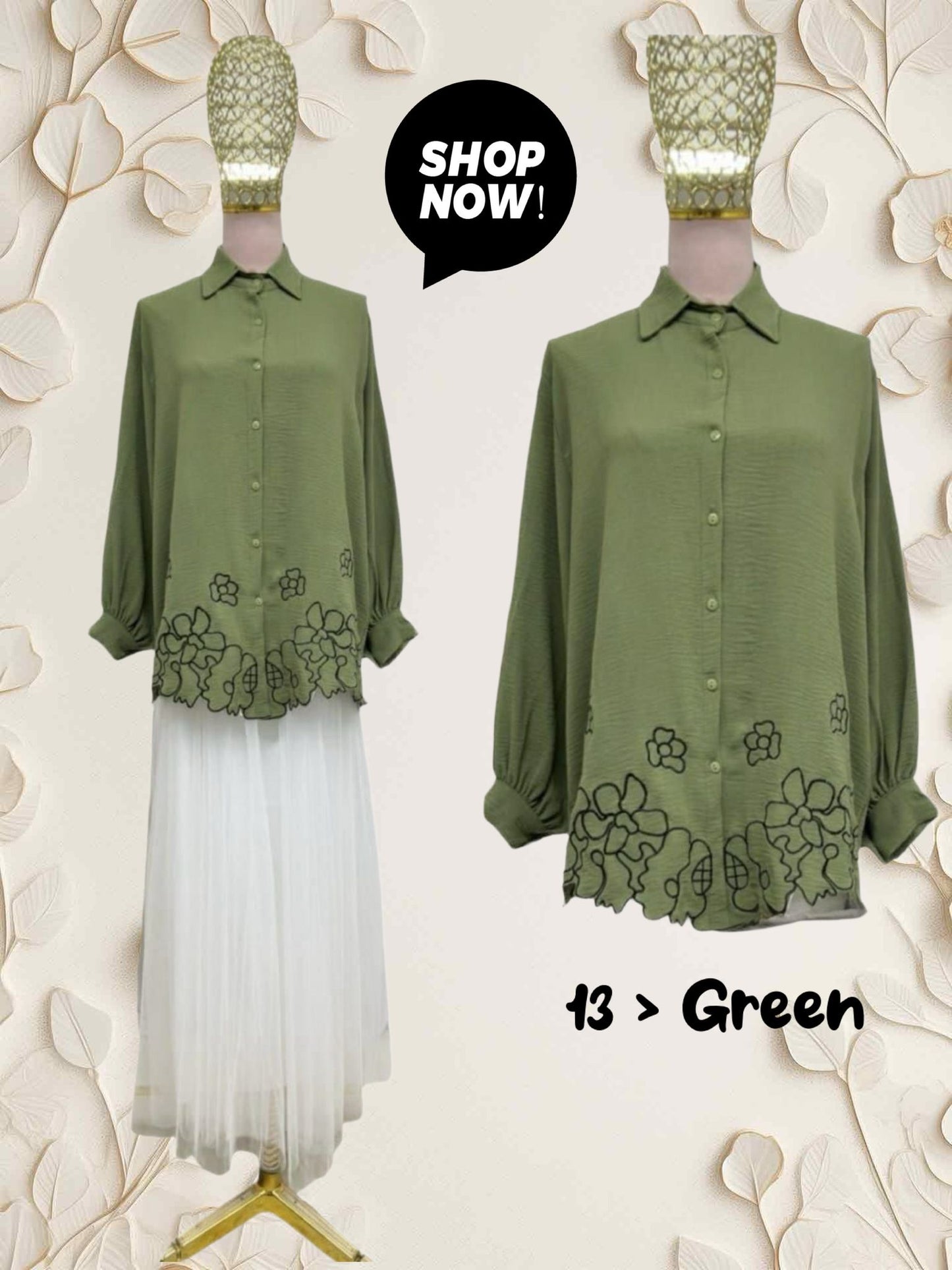 Top Blouse with Lower Embroidery (#P612.KNG) in Green Model 13