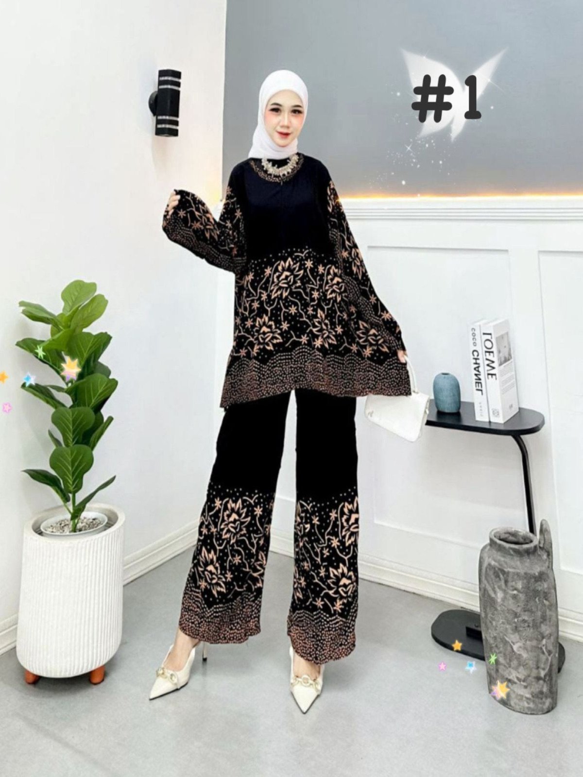 Stylish Muslimah in Black Batik Pants Suits model 1 (#ANT) – Modern Modesty with Elegant Batik Detailing