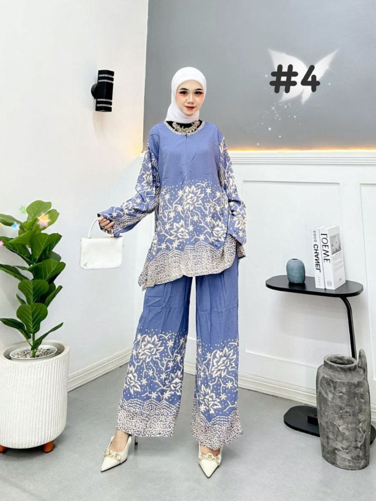 Stylish Muslimah in Sky Blue Batik Pants Suits model 4 (#ANT) – Modern Modesty with Elegant Batik Detailing