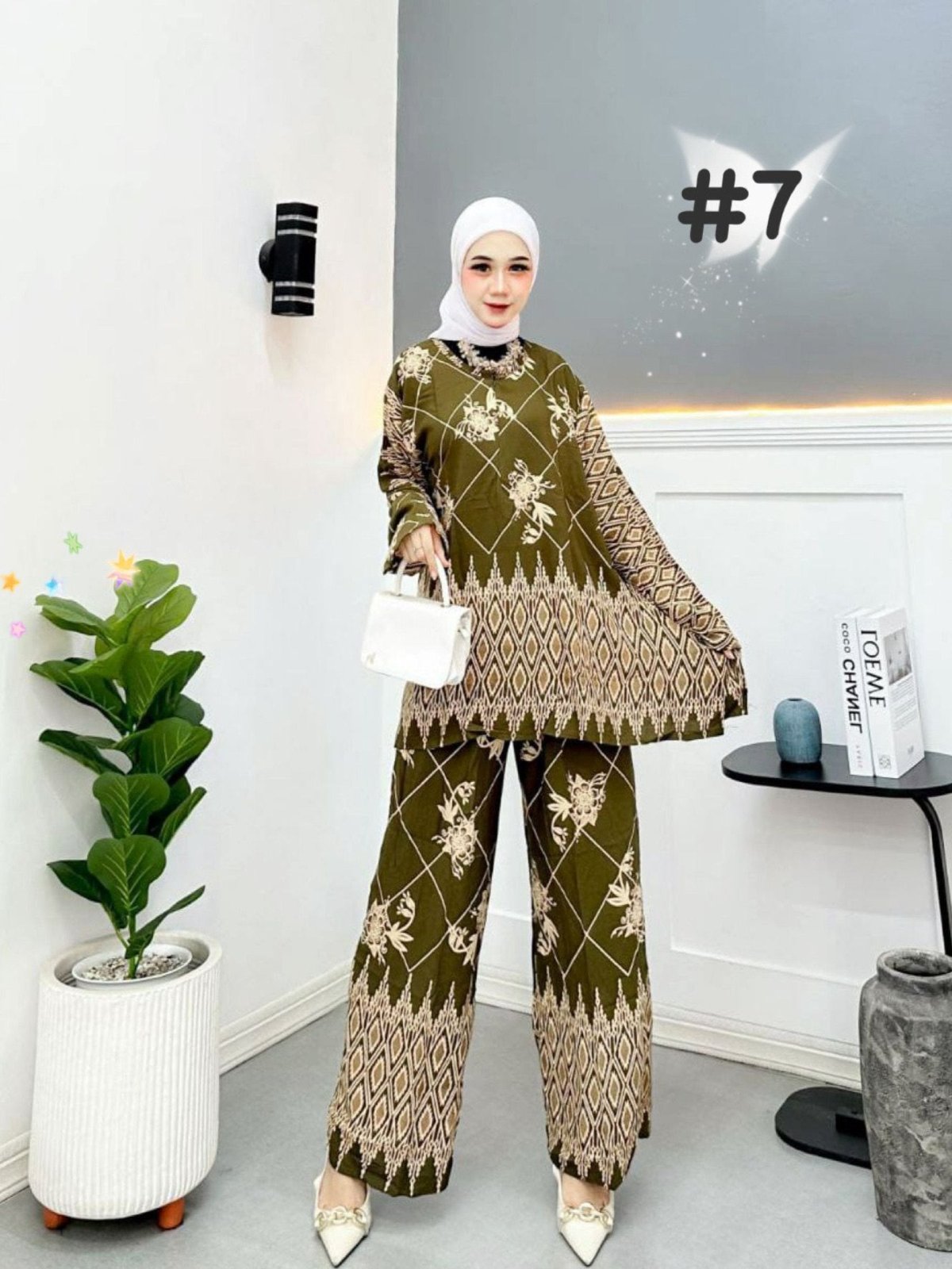 Stylish Muslimah in Olive Checkered Batik Pants Suits model 7 (#ANT) – Modern Modesty with Elegant Batik Detailing