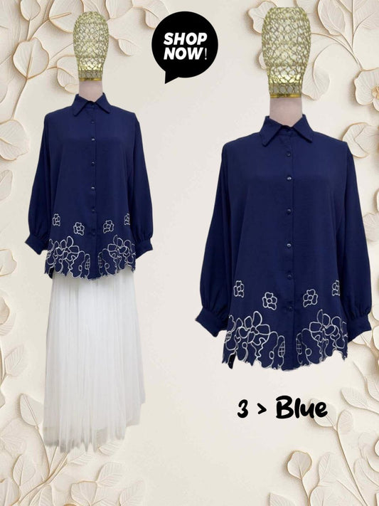 Top Blouse with Lower Embroidery (#P612.KNG) in Blue Model 3