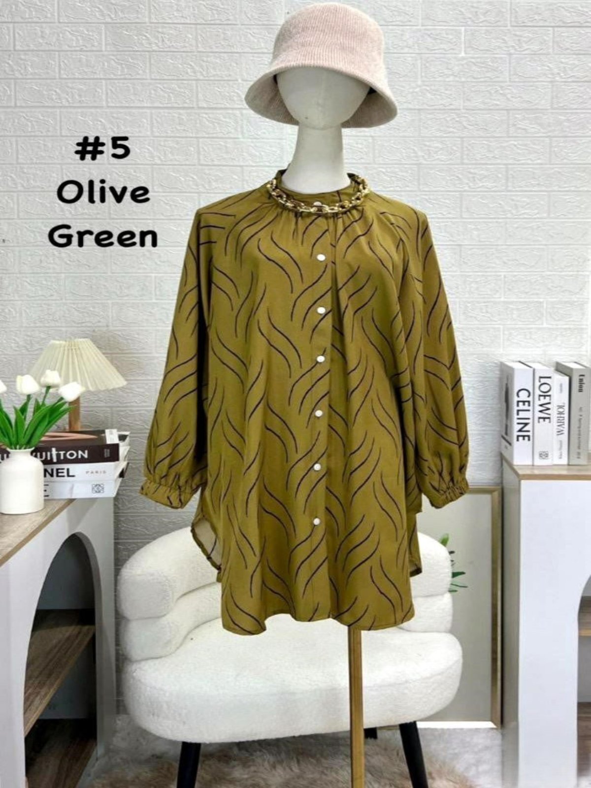 Top Blouse Casual Flowy Tunic with Abstract Wave Patterns Olive Green model 5 (#J50KNG) - Muslimah Woman's Fashion Wardrobe