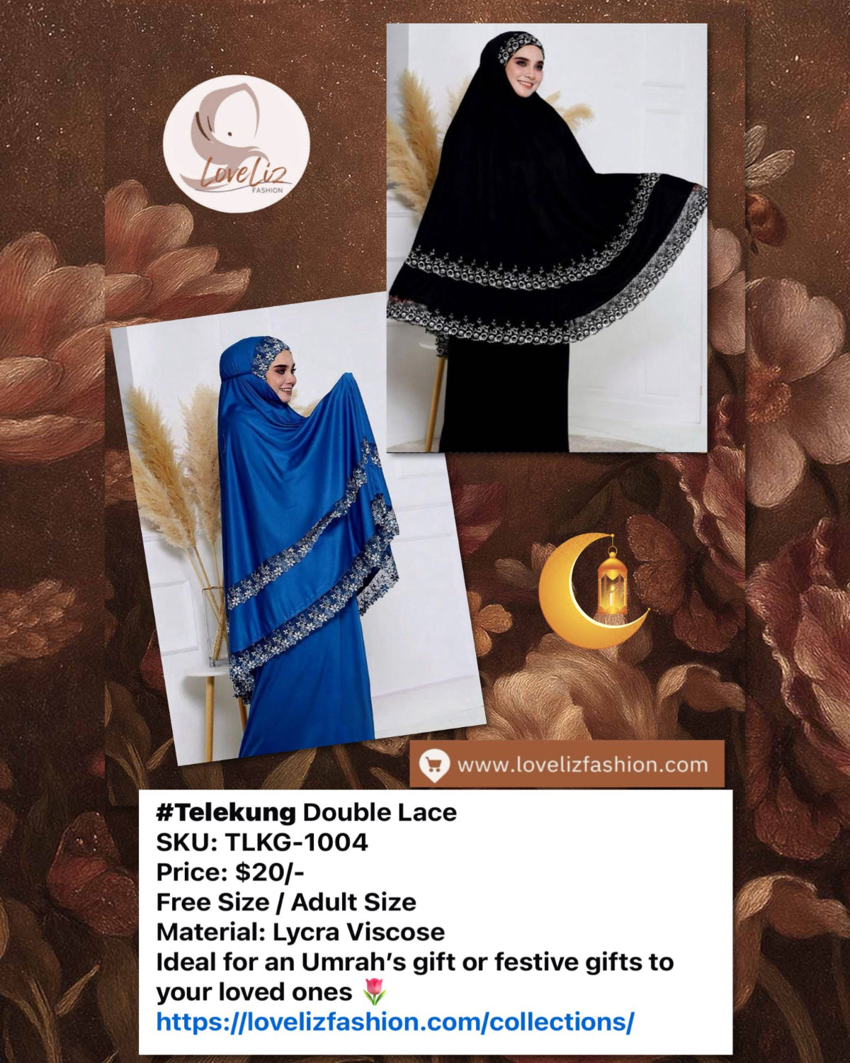 LoveLiz Fashion Double Lace Telekung (TLKG- 1004) (#ZC) Embraces You in Soft Lycra Viscose, making Every Prayer a Truly Graceful Experience.