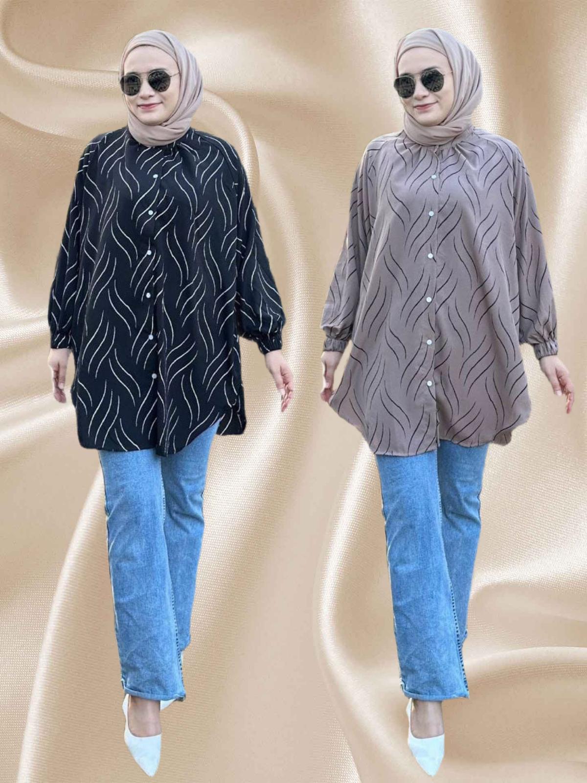 Top Blouse Casual Flowy Tunic with Abstract Wave Patterns Grey model 6 (#J50KNG) - Muslimah Woman's Fashion Wardrobe