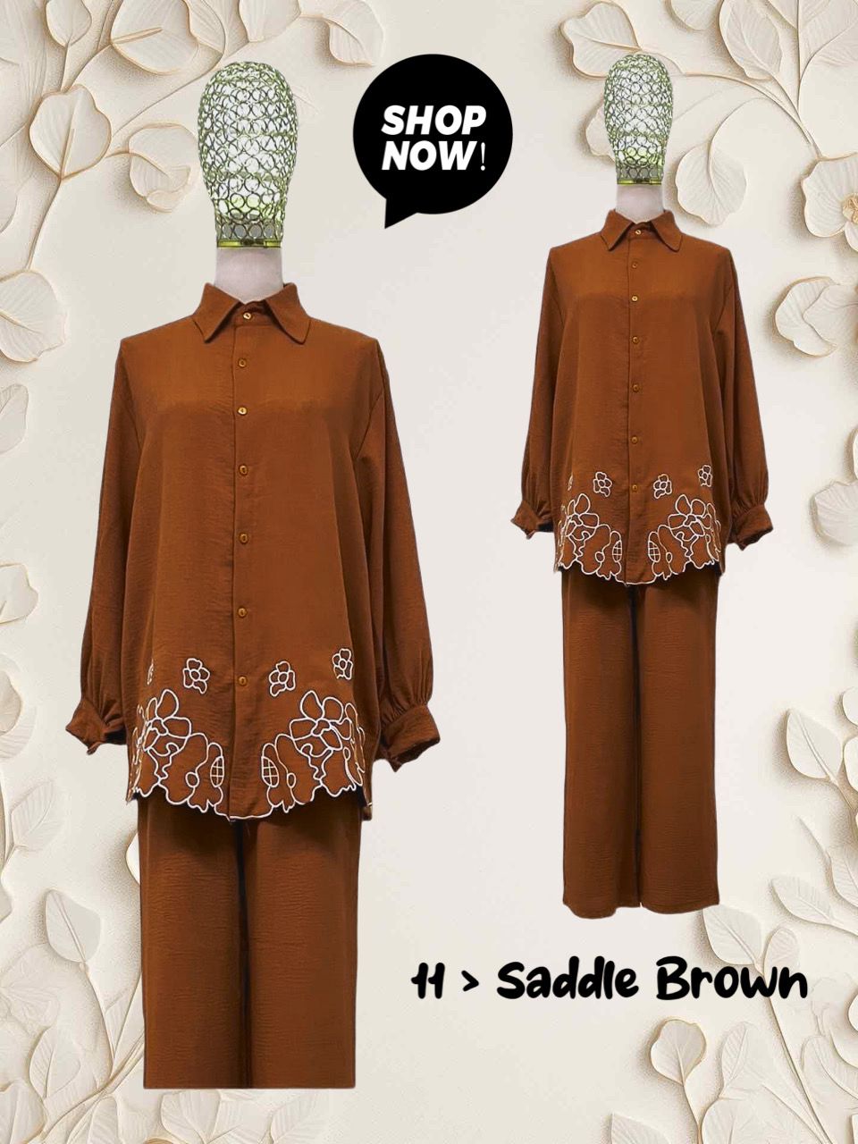 Top Blouse with Lower Embroidery (#P612.KNG) in Saddle Brown Model 11