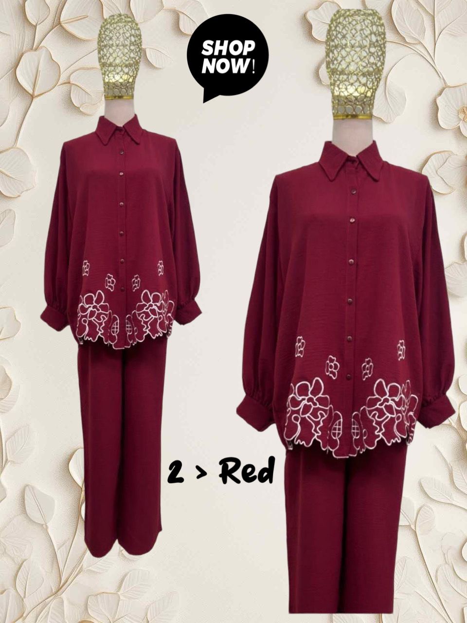 Top Blouse with Lower Embroidery (#P612.KNG) in Red Model 2