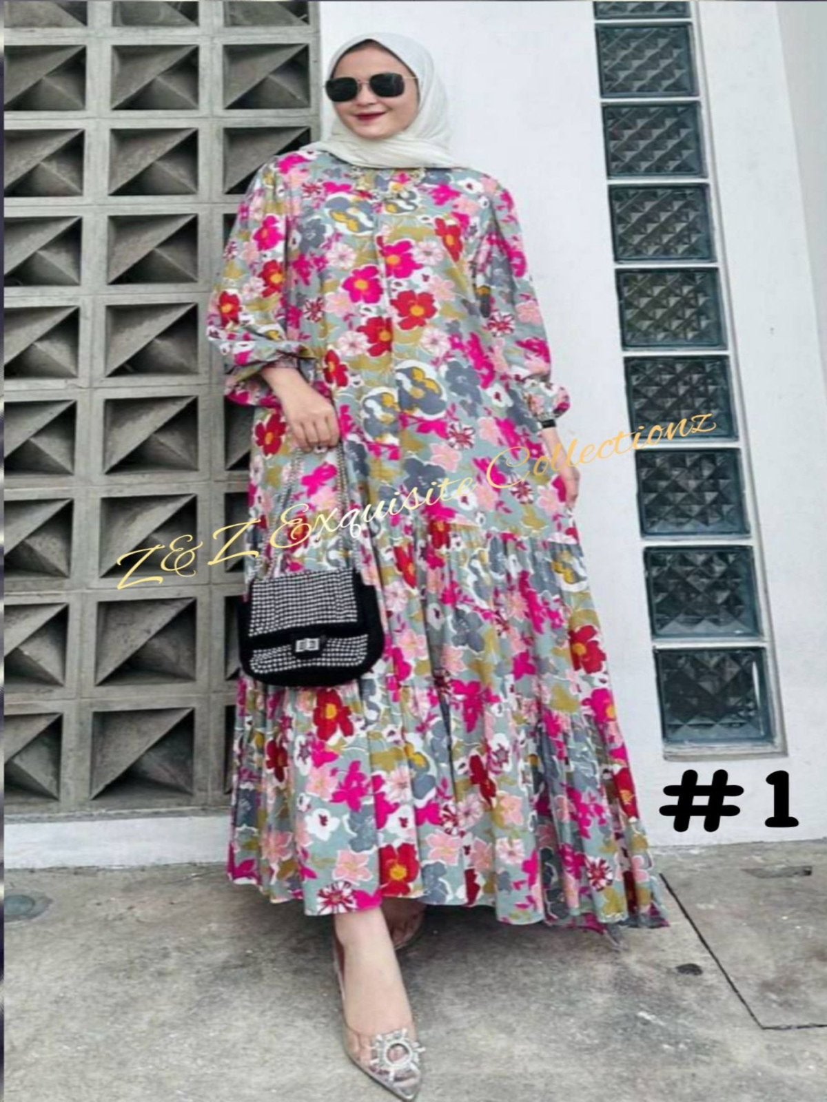 Long Dress Eliza in Pink Floral Muslimah Clothing's model 1 (#NAY) - Essentials in Woman's Wardrobe