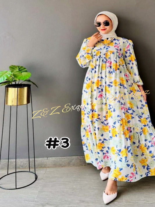 Long Dress Eliza in Yellow Floral Muslimah Woman's Clothing's model 3 (#NAY) - Essentials in Woman's Wardrobe